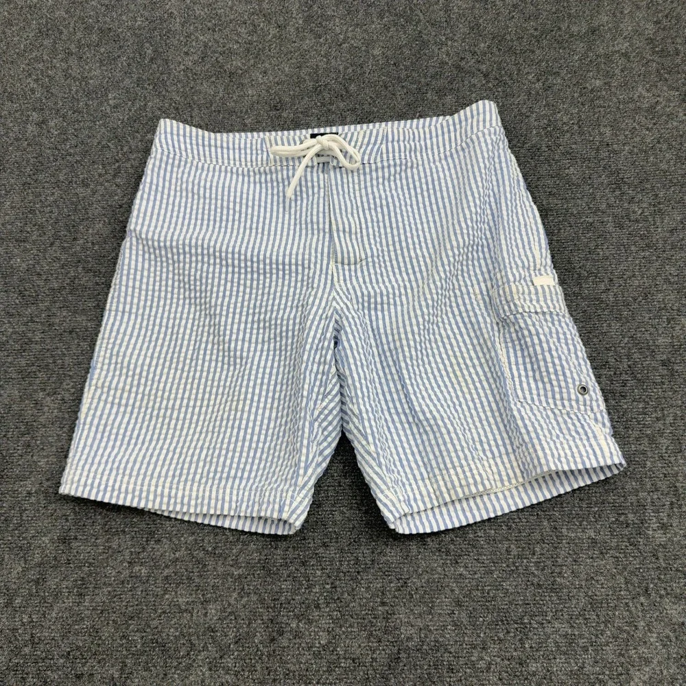 J Crew Swim Trunks Mens 34 Blue Seersucker Striped Cargo Pocket Preppy Beach